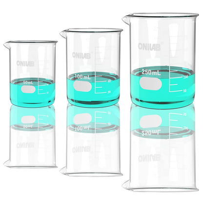 ONiLAB Glass Measuring Beaker Set 50ml 100ml 250ml (Pack of 3) 3.3 Boro Griffin Low Form with Printed Graduation Scientific Glassware for Laboratories, Classrooms or Home Use 13900244