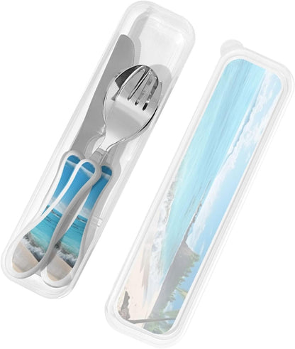 3-Piece Kids Silverware Set With Storage Case, Stainless Steel Reusable Children Safe Knife Spoon Fork Set Leaves Floral On Rustic Wood Children Flatware Set For Kids Lunch Box
