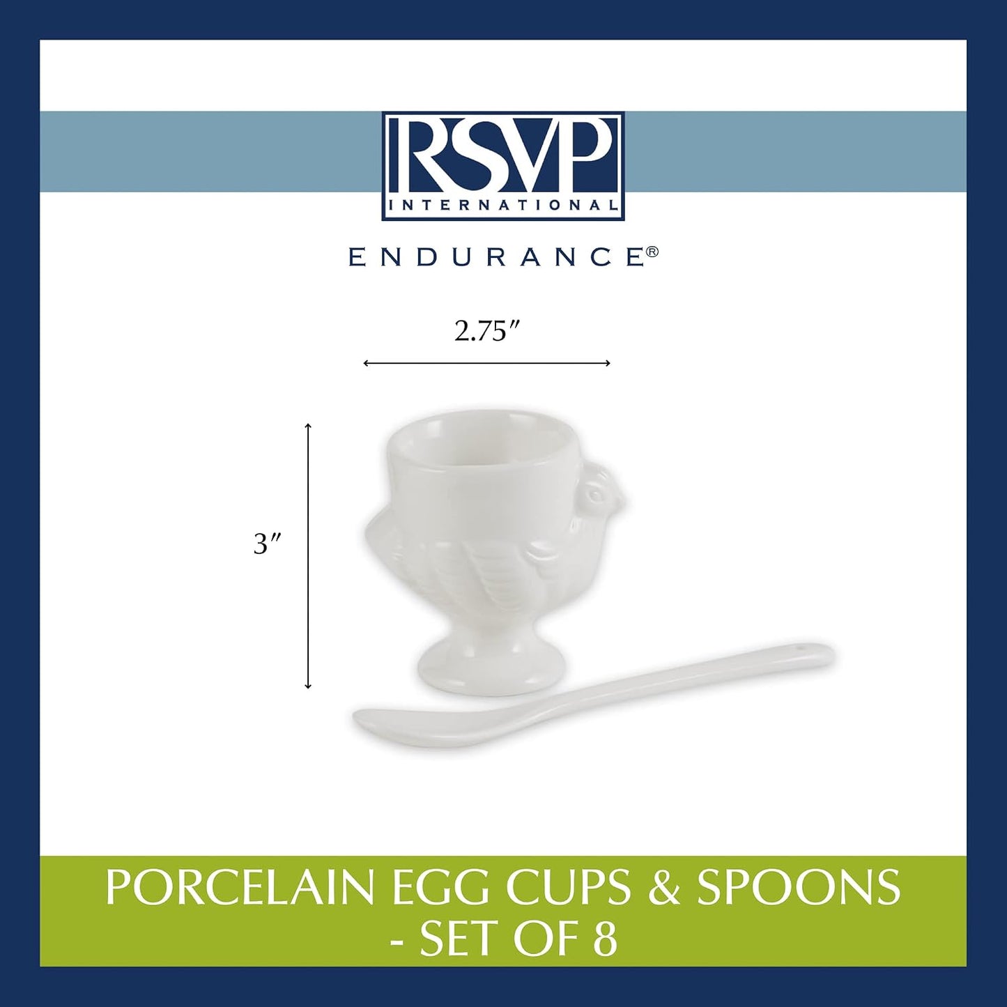 RSVP International Kitchen Accessories Collection Soft Boiled Egg, White Porcelain, Cup & Spoon Set, 8 Piece