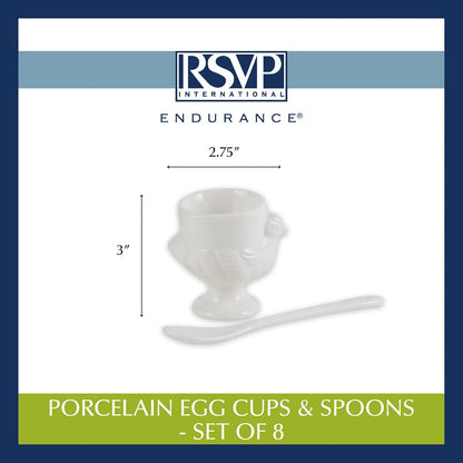 RSVP International Kitchen Accessories Collection Soft Boiled Egg, White Porcelain, Cup & Spoon Set, 8 Piece
