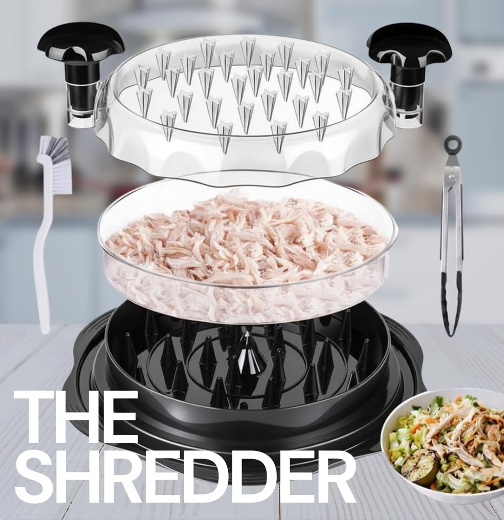 Upgraded 5-in-1 Large Chicken Shredder with Cleaning Brush & Tong 10'' Pro Chicken Shredder Tool Twist Large Stable Anti-Slip Ergonomic Handle Removable Tray Dishwasher Safe, BPA Free