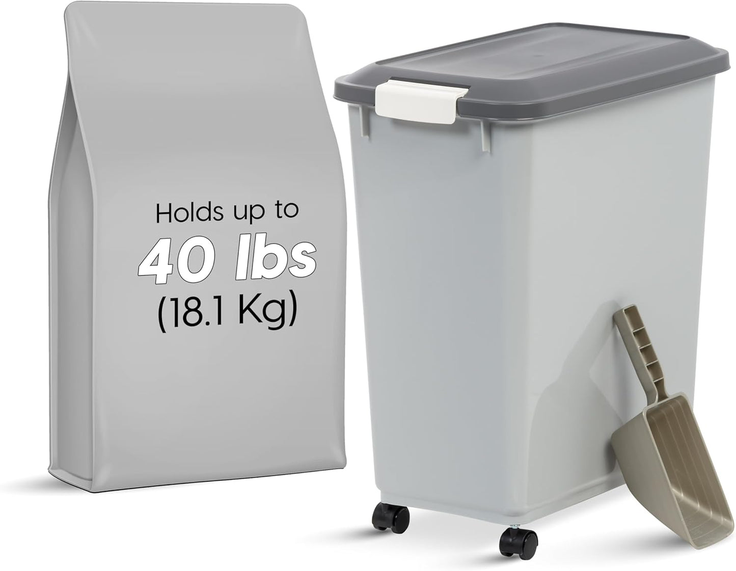 IRIS USA Dog Food Storage Container with Wheels, Airtight Lid, 2-Cup Scoop, Up to 30 Pounds Pet Food Storage, Built in Scoop Storage in Lid, Versatile Pet Food Bin, Portable, BPA Free, Gray/Dark Gray