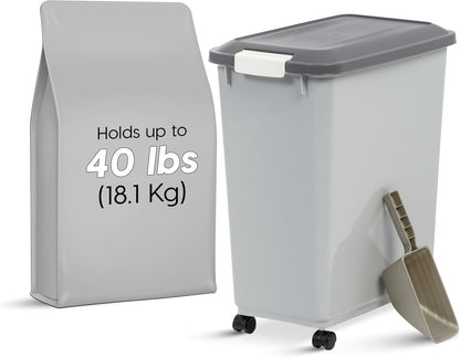 IRIS USA Dog Food Storage Container with Wheels, Airtight Lid, 2-Cup Scoop, Up to 30 Pounds Pet Food Storage, Built in Scoop Storage in Lid, Versatile Pet Food Bin, Portable, BPA Free, Gray/Dark Gray