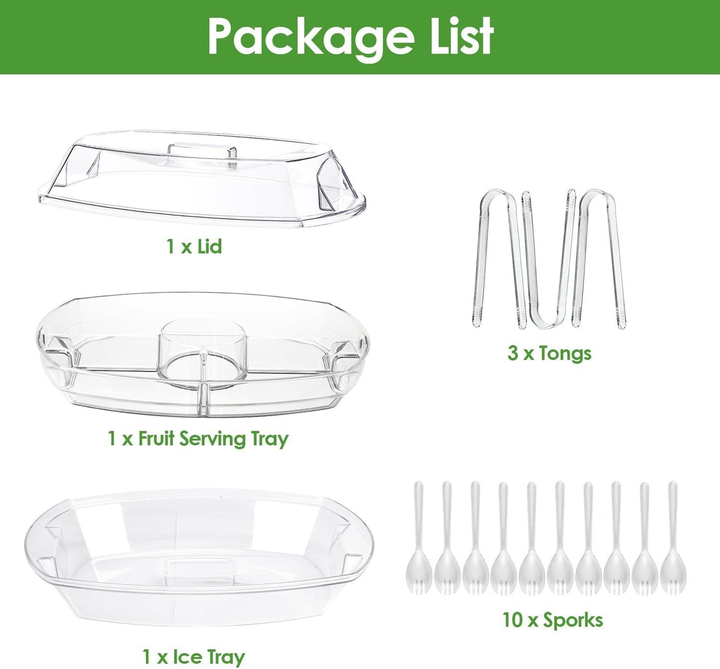 Fruit & Veggie Ice Serving Tray with Lid – 4 Compartments, Buffet Server for Shrimp Cocktail, Appetizers & Cold Foods – Includes 3 Tongs & 10 Sporks