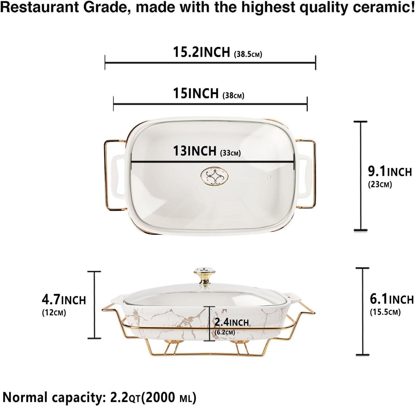 13" x 9" Ceramic Casserole Dish with Glass Lid and rack, 2.2 Quart Serving Soup Tureen,Chafing Dish for Buffet, Family Food preserve Tray, Catering Casserole for Party Style