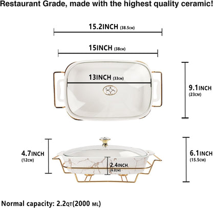 13" x 9" Ceramic Casserole Dish with Glass Lid and rack, 2.2 Quart Serving Soup Tureen,Chafing Dish for Buffet, Family Food preserve Tray, Catering Casserole for Party Style