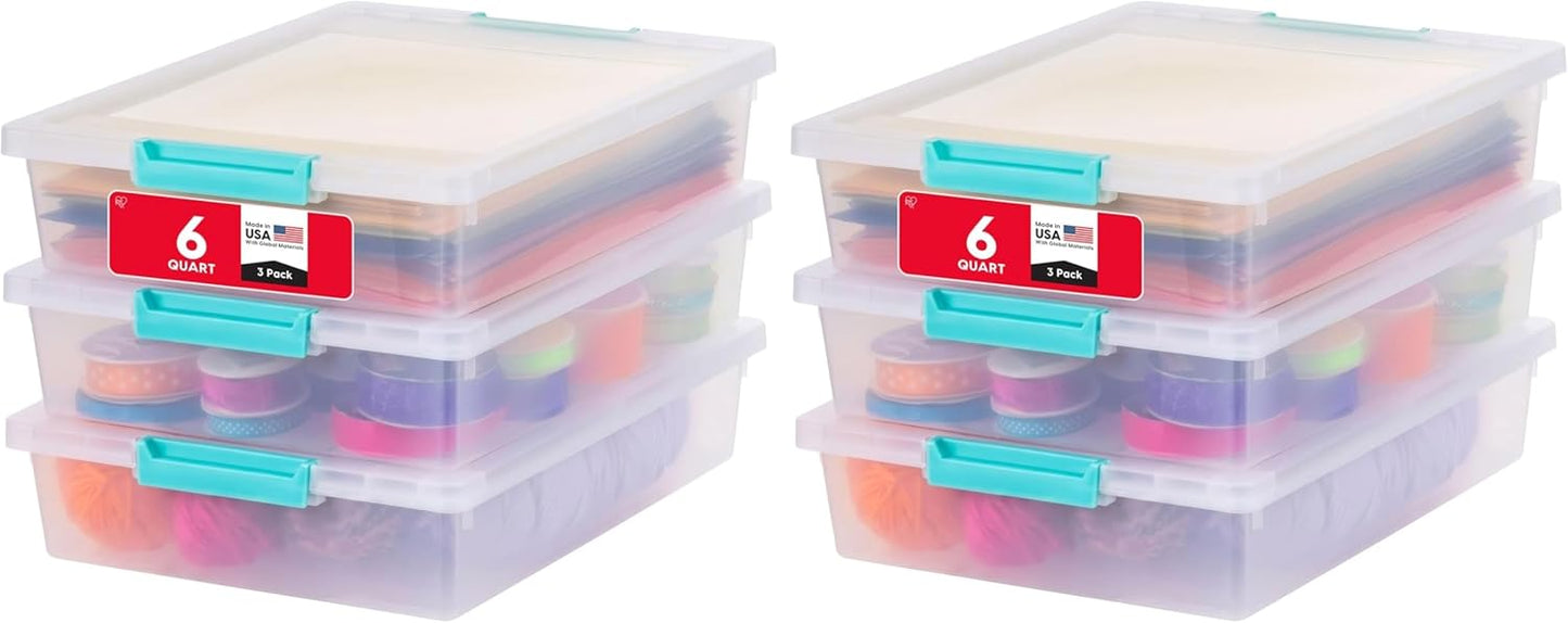 IRIS USA 12 Qt. Craft Storage Bins with Lids, 4-Pack, |Made in USA|, Clip Box, Medium Plastic Sensory Bin Tote Organizer Containers for Art Supplies, Paper, & Office, Stackable - Clear/Seafoam Blue