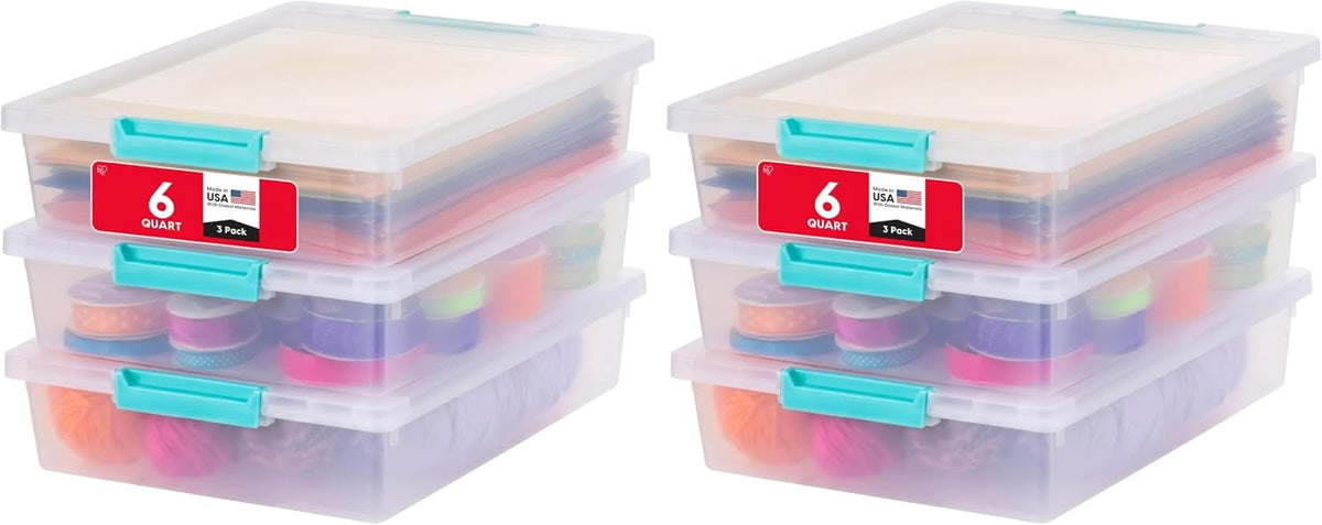 IRIS USA 12 Qt. Craft Storage Bins with Lids, 4-Pack, |Made in USA|, Clip Box, Medium Plastic Sensory Bin Tote Organizer Containers for Art Supplies, Paper, & Office, Stackable - Clear/Seafoam Blue