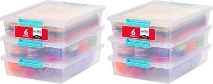 IRIS USA 12 Qt. Craft Storage Bins with Lids, 4-Pack, |Made in USA|, Clip Box, Medium Plastic Sensory Bin Tote Organizer Containers for Art Supplies, Paper, & Office, Stackable - Clear/Seafoam Blue