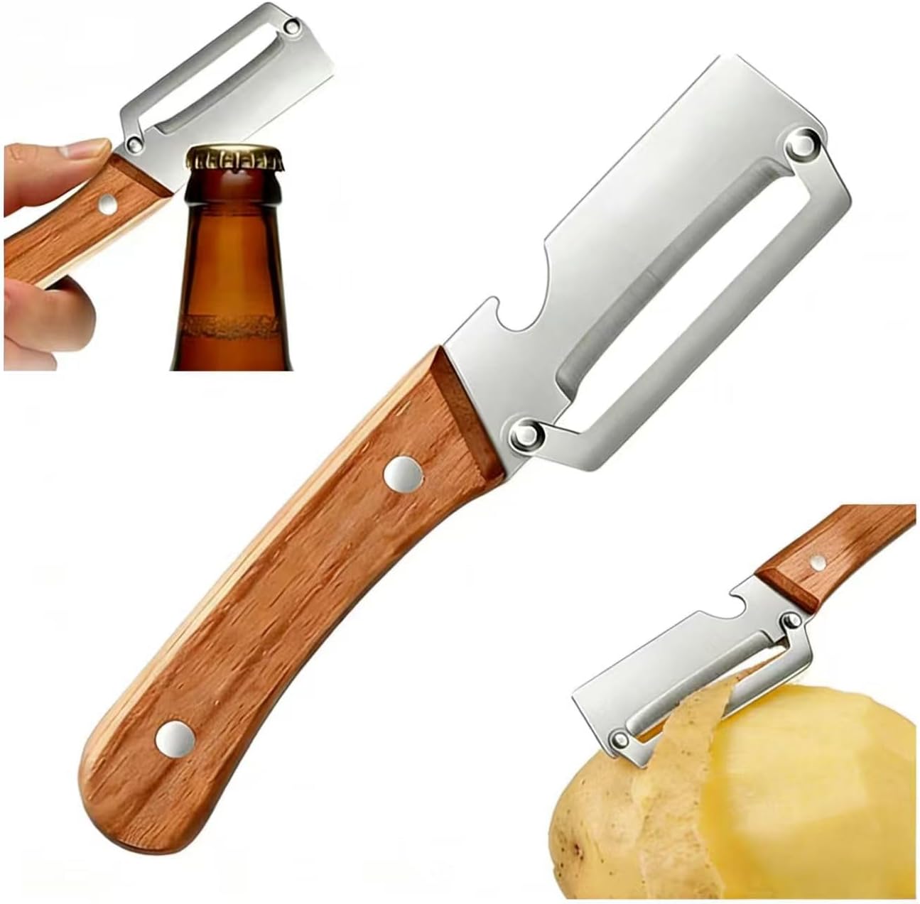 Multifunctional Vegetable Peeler, 2-in-1 Peelers For Kitchen with Bottle Opener, Sharp Stainless Steel Swivel Blade, Wooden Handle, For Vegetables or Fruits that Need to Be Peeled (2)2PCS
