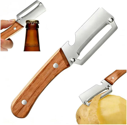 Multifunctional Vegetable Peeler, 2-in-1 Peelers For Kitchen with Bottle Opener, Sharp Stainless Steel Swivel Blade, Wooden Handle, For Vegetables or Fruits that Need to Be Peeled (2)2PCS