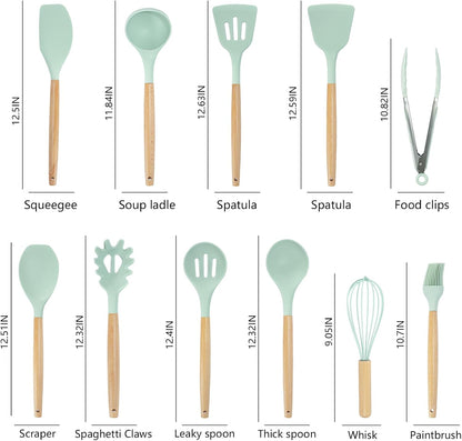 Non-Stick Silicone Cooking Utensils Set, 5 Pcs with Wooden Handle, Heat Resistant Silicone Kitchen Gadgets (Black)