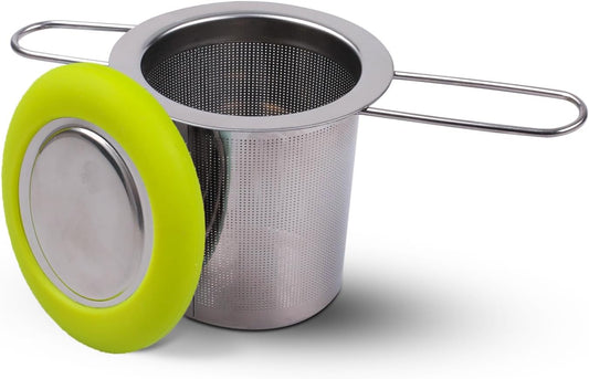 Tea Infuser Stainless Steel Tea Strainer Folding Handle Tea Filter Extra Fine Mesh Strainer Brewing Basket with Lid for Loose Leaf Tea (Green)