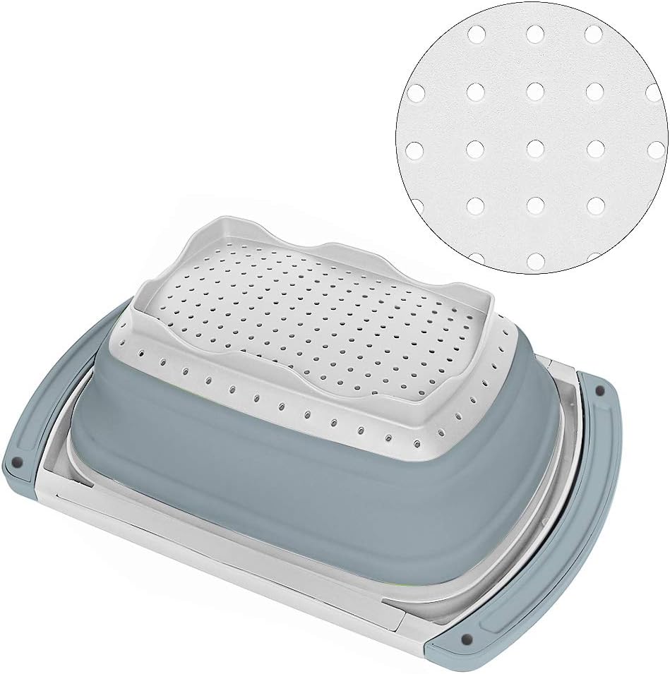 Qimh Collapsible Colander | Over The Sink Silicone Kitchen Strainers and Colanders with Extendable Handles | Veggies, Fruit and Pasta Foldable Strainer for Kitchen, 6-Quart, BPA Free