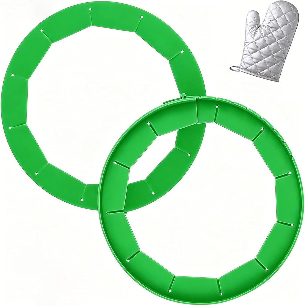 Silicone Pie Crust Shields (2-Pack), Adjustable Pie Protectors,2-Pack Adjustable Silicone Pie Crust Shield, Reusable Pie Crust Protector with insulated gloves, Pie Shield Green.