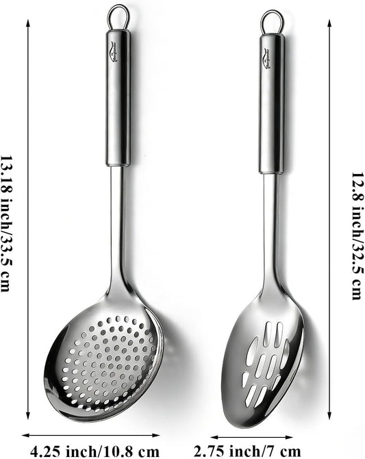 Berglander Kitchen Skimmer Slotted Spoons for Straining 2 pcs 13", Stainless Steel Kitchen Spider Strainer Ladle Spoon for Straining Pasta/Cooking/Frying/Noodle, Metal Kitchen Utensils Pasta Spoon