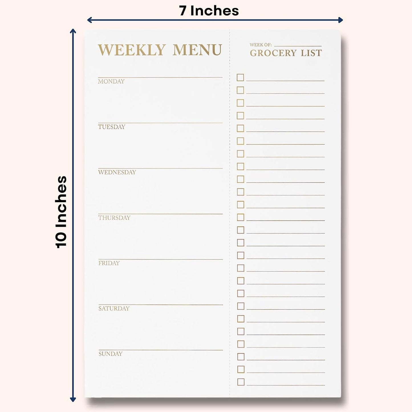 White Magnetic Meal Planner Notepad & Tear Off Weekly Grocery List for Fridge - Grocery Shopping List Notepad – Dinner List for Refrigerator - White and Gold Metalic Planner with 52 Sheets - 7 x 10 Inch
