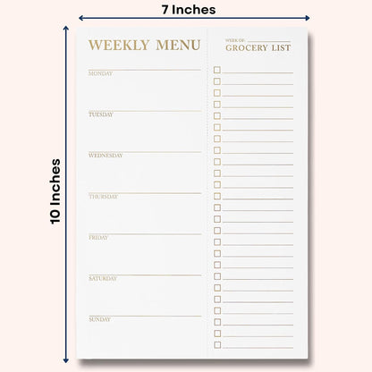 White Magnetic Meal Planner Notepad & Tear Off Weekly Grocery List for Fridge - Grocery Shopping List Notepad – Dinner List for Refrigerator - White and Gold Metalic Planner with 52 Sheets - 7 x 10 Inch