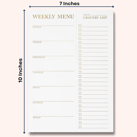White Magnetic Meal Planner Notepad & Tear Off Weekly Grocery List for Fridge - Grocery Shopping List Notepad – Dinner List for Refrigerator - White and Gold Metalic Planner with 52 Sheets - 7 x 10 Inch