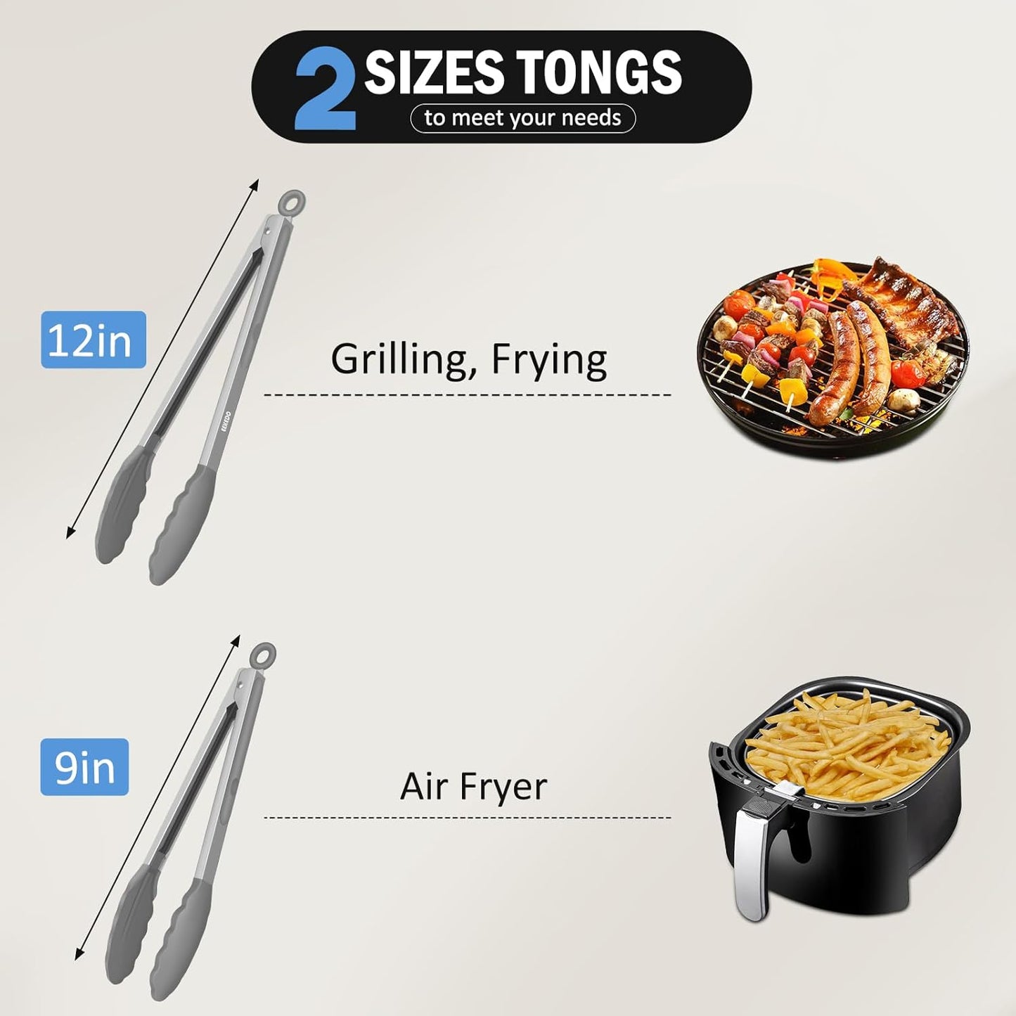 Kitchen Tongs, Stainless Steel Cooking Tongs with Silicone Tips, 600ºF High Heat-Resistant Non Scratch Locking Tongs for Cooking BBQ Grilling Air Fryer Pans, Set of 3 (7" 9" and 12") Black