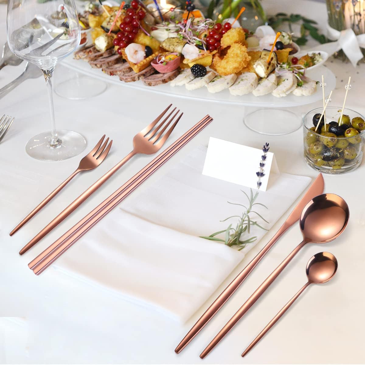AARAINBOW 8 Pieces Stainless Steel Flatware Set Portable Reusable Cutlery Set Travel Utensils Set Including Chopsticks Knife Fork Spoon Straws Cleaning Brush Dishwasher Safe (Pink Golden)