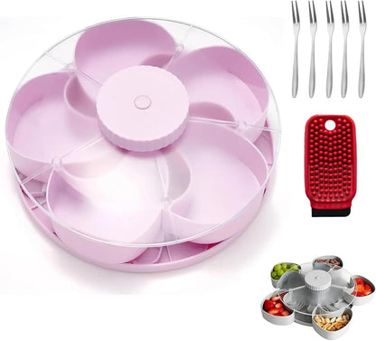 Divided Serving Tray That Spins – Perfect for Snacks, Dips & Party Appetizers, Portable Rounded Veggie Tray with Rotating Cover, Rotating Snack Box Container with Lid (Pink)