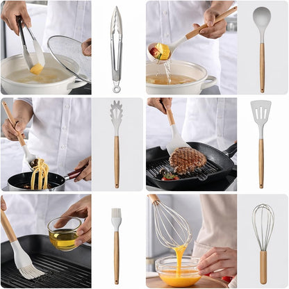 Silicone Kitchen Utensil Set with Holder, 12-Piece Heat-Resistant BPA-Free Non-Stick Cooking Tools with Wooden Handles, Includes Spatula, Spoon, Slotted Spoon, Whisk, Tongs & Brush