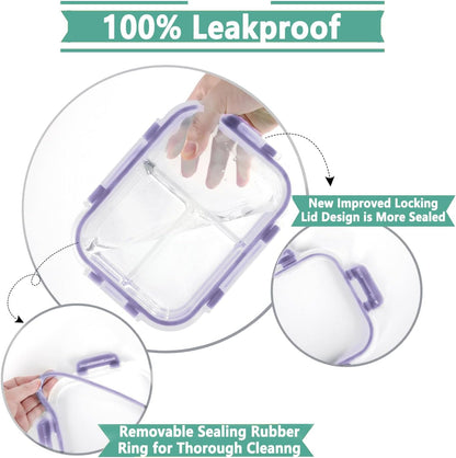 HOMBERKING 8 Pack Glass Meal Prep Containers 3 Compartment, 36oz Glass Food Storage Containers with Lids, Airtight Glass Lunch Bento Boxes, BPA-Free & Leak Proof (8 lids & 8 Containers) - Blue
