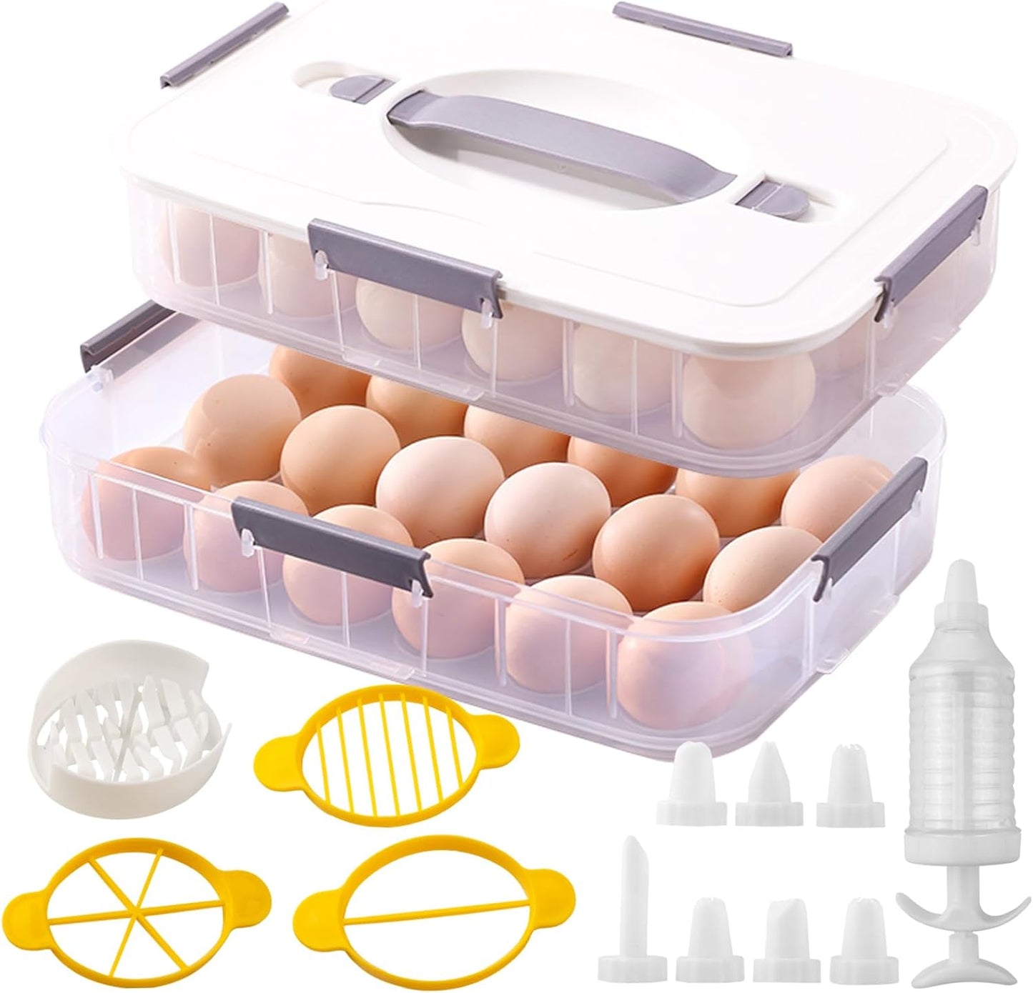 2 Layer Deviled Egg Containers with Lid, 36 Slots Deviled Egg Tray Carrier with Handle and Injector Piping Tool, Fridge Stackable Portable Clear Storage Egg Platter for Party Picnic Travel (Green)