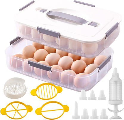 2 Layer Deviled Egg Containers with Lid, 36 Slots Deviled Egg Tray Carrier with Handle and Injector Piping Tool, Fridge Stackable Portable Clear Storage Egg Platter for Party Picnic Travel (Green)