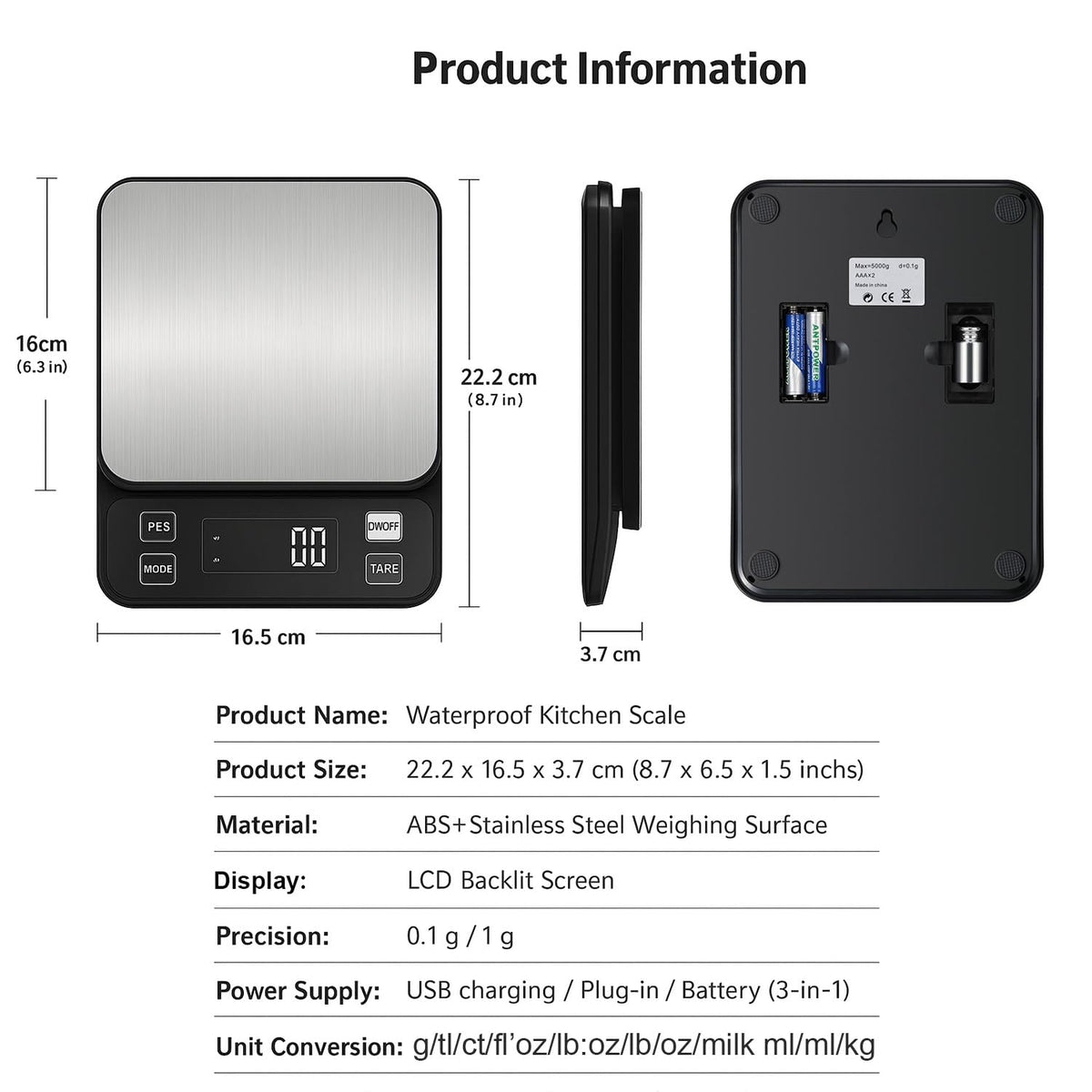 Waterproof Digital Kitchen Scale 0.1g/0.001oz Precision, Stainless Steel Electronic Scale with 3 Power Options (Rechargeable/AAA/Built-in), 10 Units Conversion, Smart Standby, 5kg/11lb Capacity