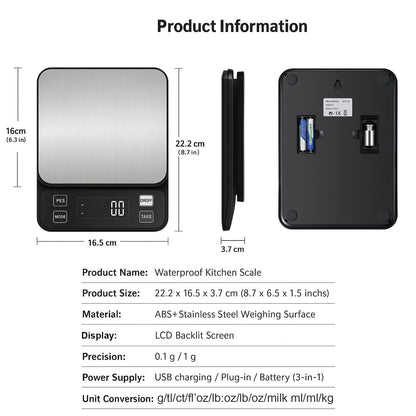 Waterproof Digital Kitchen Scale 0.1g/0.001oz Precision, Stainless Steel Electronic Scale with 3 Power Options (Rechargeable/AAA/Built-in), 10 Units Conversion, Smart Standby, 5kg/11lb Capacity