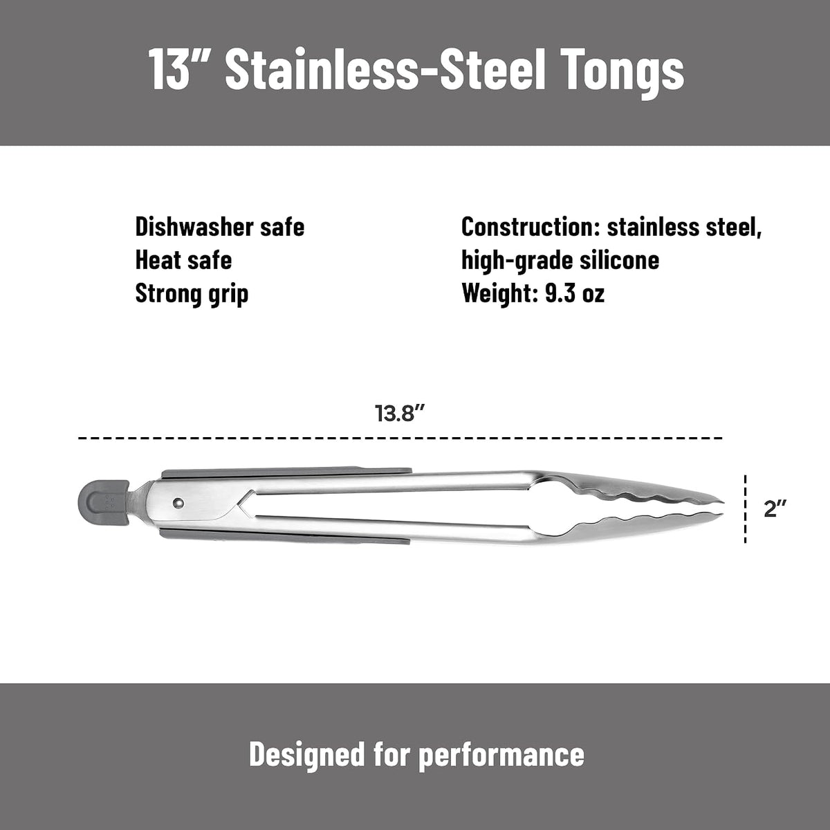 Misen Kitchen Tongs - Dishwasher Safe, Heavy Duty - Precision Stainless Steel Grilling Tool - Heat Resistant - Perfect for Serving and Air Frying - 13 Inch | Gray