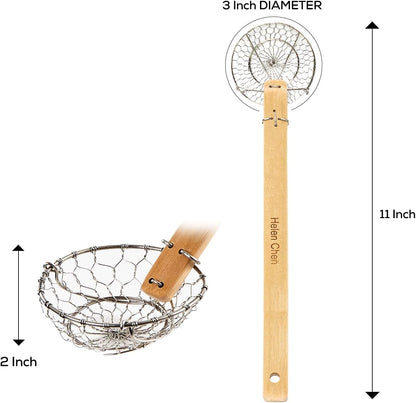 Helen's Asian Kitchen Deep Spider Strainer, 6-Inch Stainless Steel Mesh Basket With Bamboo Handle, For Noodles, Dumplings, Wontons, Deep Frying, And Draining Tasks