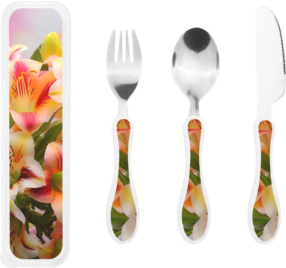 3-Piece Kids Silverware Set With Storage Case, Stainless Steel Reusable Children Safe Knife Spoon Fork Set Blue Active Girl Running Sunset Children Flatware Set For Kids Lunch Box - Colors A