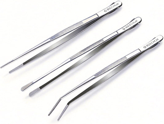 GBZCMJK 3 Pcs Kitchen Tweezers, 12-Inch Stainless Steel Cooking Tweezers, Professional Cooking Tongs, Long Food Tongs for Serving, Sea food, BBQ and Salads
