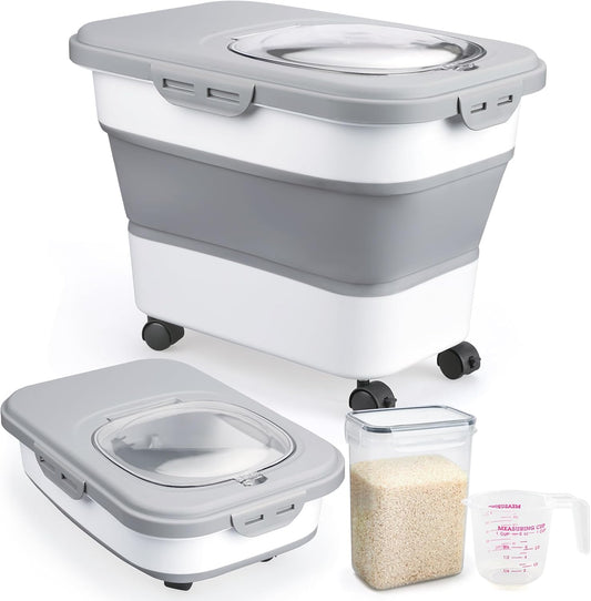 Komzon Rice Storage Containers, Collapsible 20 to 30Lbs Food Storage Bin Dispenser with Rolling Wheel and Clear Airtight Lid, BPA Free Flour, Sugar, Cereal and Dog Cat Pet food Containers