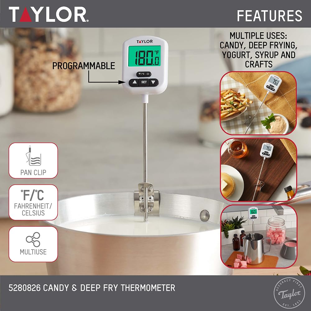 Taylor Programmable Digital Candy and Deep Fry Thermometer with Green Light Alert Display, Long Stem, and Adjustable Pan Clip, White