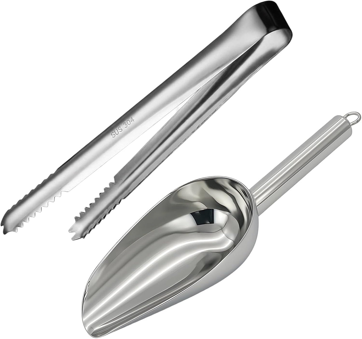 Ice Tongs for Ice Bucket and Ice Cube Scoop Set, 2-Piece Stainless Steel Ice Bucket Accessories for Freezer and Party Serving, Compact Storage with Metal Hanging Ring for Wall Mount or Bar Tools