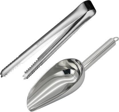 Ice Tongs for Ice Bucket and Ice Cube Scoop Set, 2-Piece Stainless Steel Ice Bucket Accessories for Freezer and Party Serving, Compact Storage with Metal Hanging Ring for Wall Mount or Bar Tools