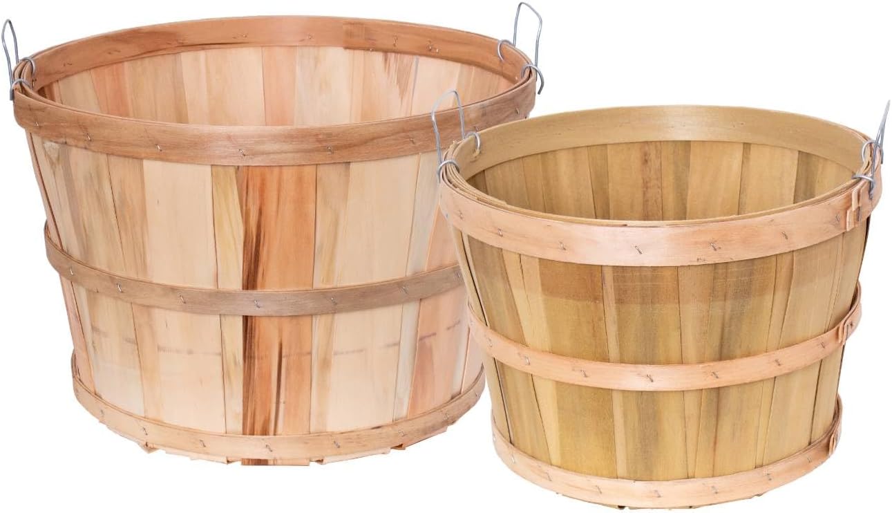 Lehman's Handcrafted Storage Baskets, Vintage Style USA Made Poplar Wood with Wire Handles, Set of 2 with One Bushel and One Half Bushel Basket