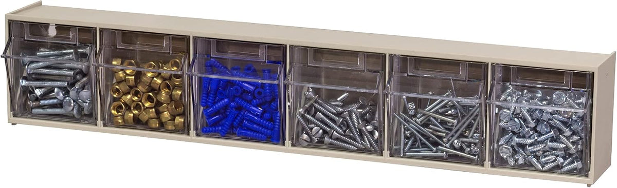 Akro-Mils TiltView Plastic Storage Cabinet with 6 Tilt Out Bins, Horizontal Organizer, Teacher Toolbox, and Office Supply Organizer, 23-5/8" W x 3-1/2" H x 3-3/4" D, Stone