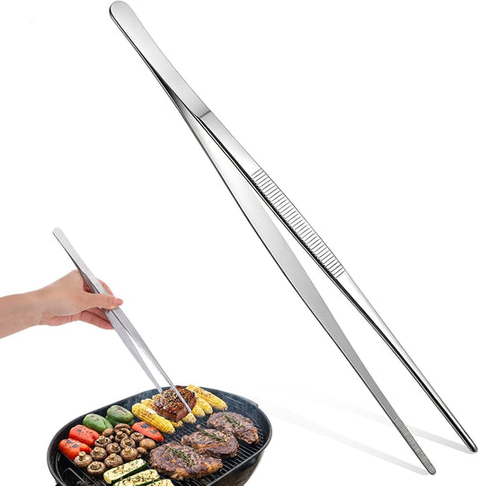 11.8 Inch Food Tweezers, Stainless Steel Pasta Tweezers Cooking Long Tweezer Tongs for Serving, Grill, BBQ & Kitchen Use (Silver)