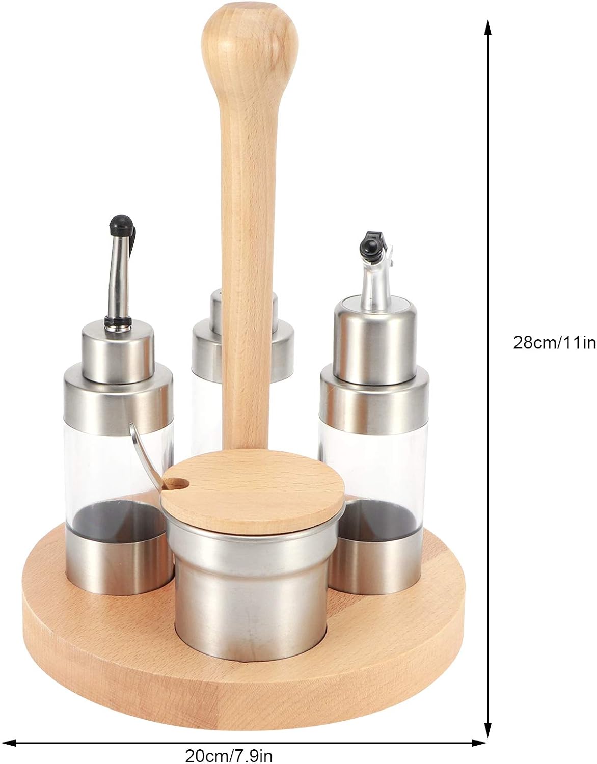 Cruet Set, Wood Condiment Spice Pepper Jar Box 5PCS Stainless Steel Plastic Oil Vinegar Salt Pepper Condiment Dispensers Set with Spoon (square wooden frame)