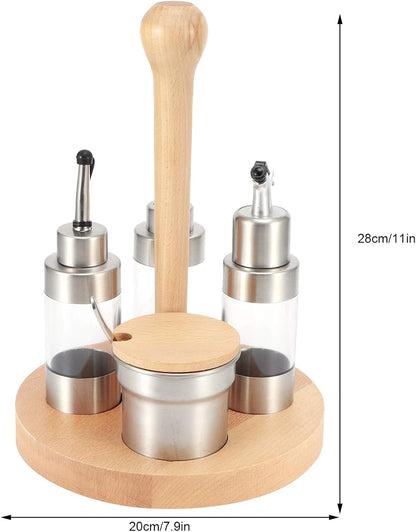 Cruet Set, Wood Condiment Spice Pepper Jar Box 5PCS Stainless Steel Plastic Oil Vinegar Salt Pepper Condiment Dispensers Set with Spoon (square wooden frame)