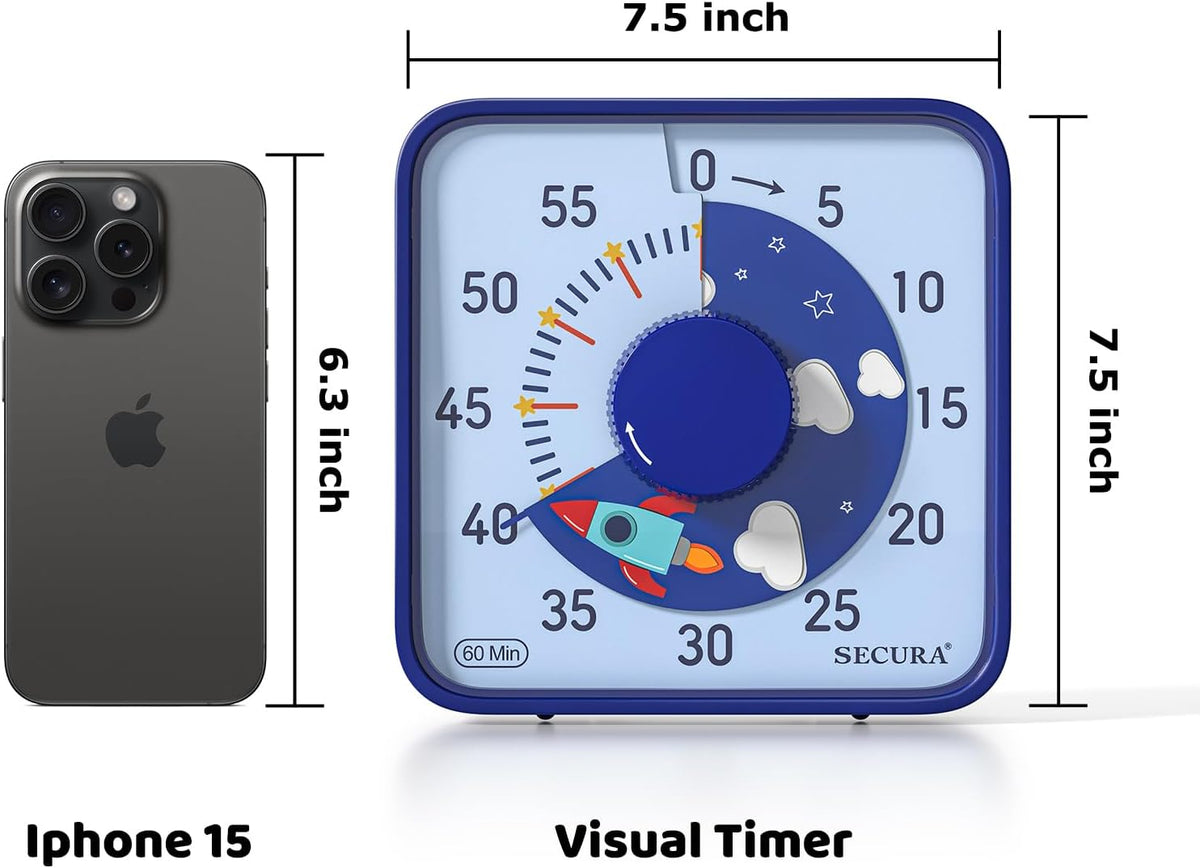 Secura 60-Minute Visual Countdown Timer, 7.5-Inch Oversize Classroom Visual Timer for Kids and Adults, Durable Mechanical Kitchen Timer Clock with Magnetic Backing (Blue)