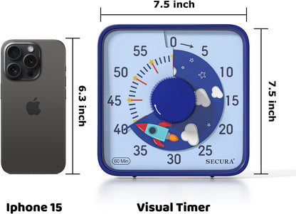 Secura 60-Minute Visual Countdown Timer, 7.5-Inch Oversize Classroom Visual Timer for Kids and Adults, Durable Mechanical Kitchen Timer Clock with Magnetic Backing (Blue)