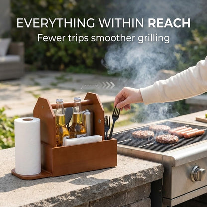 Grill Caddy for Outdoor Grill with Paper Towel Holder, Wooden BBQ Organizer for Utensils, Plates, Condiments and Silverware Rustic Picnic Table Caddy for Camping, Backyard Cooking and BBQ Accessories