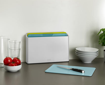 Joseph Joseph Duo 3-Piece Colour Coded Chopping Board Set with Slimline case for organised Storage, Opal