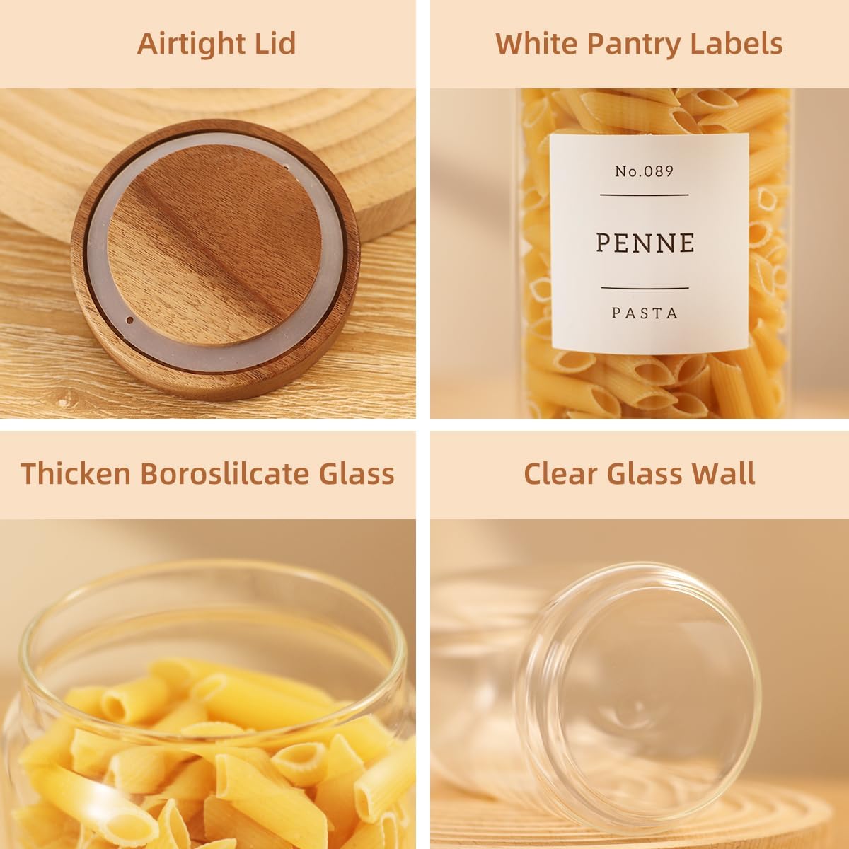 2 Pack Large Glass Flour and Sugar Storage Containers with Airtight Acacia Wood Lids and 132 Kitchen Pantey Labels Preprint - 1 Gallon Borosilicate Glass Canister Sets for Food,Pasta,Cookie,Rice